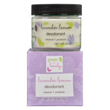 Front view of Lavender Lemon Deodorant showing jar and box packaging