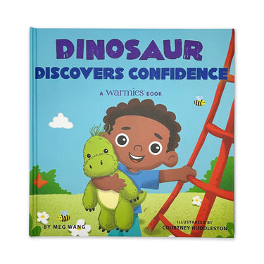 Children's board book "Dinosaur Discovers Confidence" featuring colorful illustrations and an engaging story about self-confidence