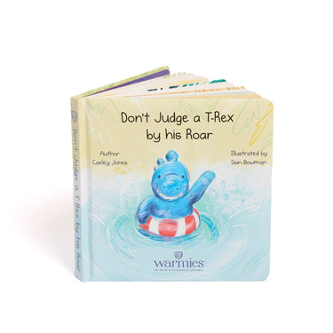 Children's board book "Don't Judge a T-Rex by his Roar" featuring colorful illustrations and engaging story
