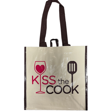 Reusable "Kiss The Cook" grocery bag showcasing fun design and practical use