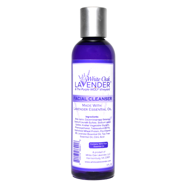 Front view of the 4oz Lavender facial cleanser bottle showing product label, description and ingredients