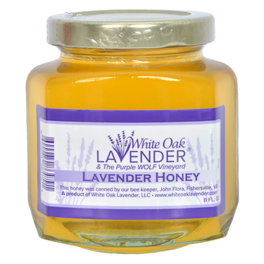 Front view of 8 oz Lavender Honey jar showing product label and packaging
