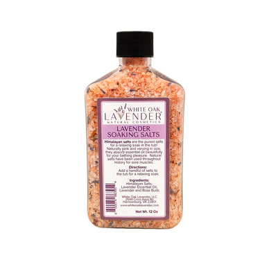 Front view of the 22oz Lavender Soaking Salt container showing product label, description and ingredients