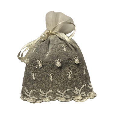 Front view of White Sachet with pearl design showing dried lavender inside for fragrance and decorative appea
