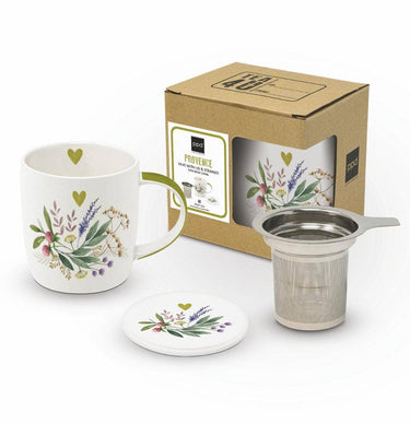 Provence bone china tea mug with lid and stainless steel strainer, 11.75 oz, gift boxed