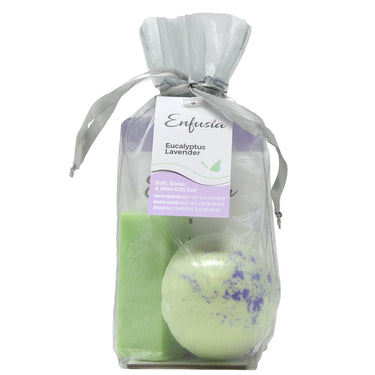 Salt, Soap, & Mini Gift Set – Eucalyptus Lavender wrapped in a gift bag, showing the front view with product label and all included items clearly displayed