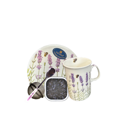 Tea Lover’s Gift Set with bone china mug, tea strainer, spoon, hot plate, and Earl Grey Lavender Tea
