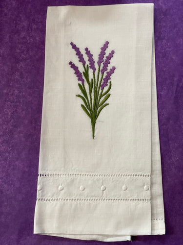 Linen towel with finely stitched lavender sprig design, 14x22", soft texture, and elegant Shenandoah Valley-inspired style