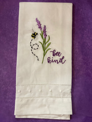 Embroidered lavender linen towel with bee design, 14x22", soft texture and elegant style