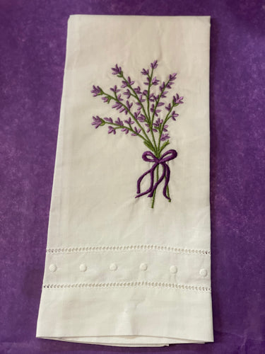 Embroidered waffle weave lavender towel with bouquet bow design, soft cotton, absorbent and elegan