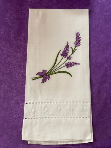 Embroidered lavender linen towel with bow design, soft cotton waffle weave, elegant and absorbent