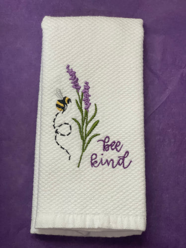 Embroidered waffle weave lavender towel with bee design, soft cotton, absorbent and elegant