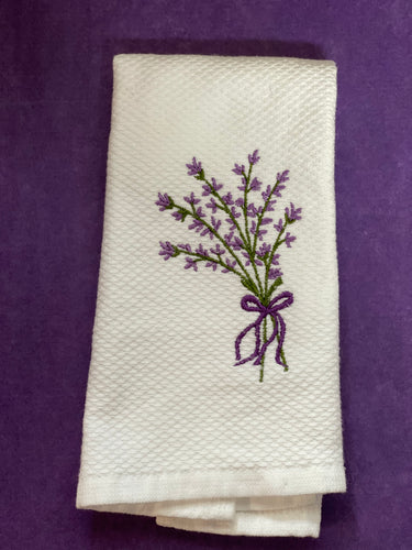 Embroidered waffle weave lavender towel with bouquet bow design, soft cotton, absorbent and elegant