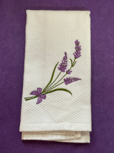Embroidered waffle weave lavender towel with bow design, soft cotton, absorbent and elegant