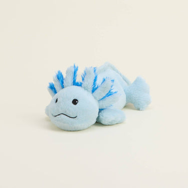 Side view of Blue Axolotl Warmies Junior plush showing shape and details for soothing warmth and comfort