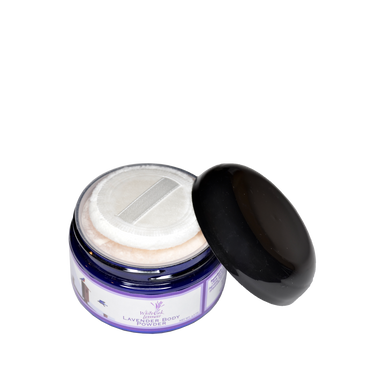 Open container of Body Powder and puff showing soft, finely milled powder inside