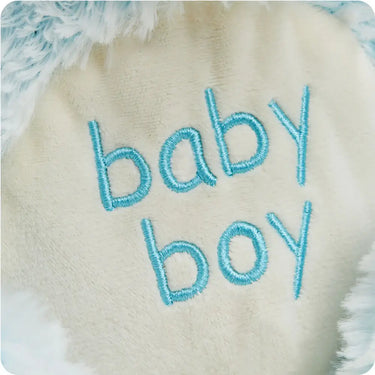 Close up view of Baby boy Bear Warmies Large  plush showing shape and details for soothing warmth and comfor
