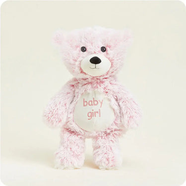 Standing up position of the Baby Girl Bear Warmies Large  plush showing shape and details for soothing warmth and comfort