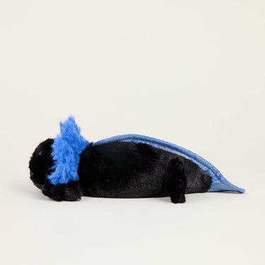 Left side view of Black Axolotl Warmies Junior plush showing shape and details for soothing warmth and comfort