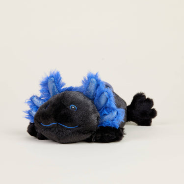 Side view of Black Axolotl Warmies Junior plush showing shape and details for soothing warmth and comfort