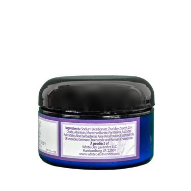 Right side view of  Body Powder and Puff container showing product ingredients and additional information