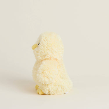 Left side view of Chick Warmies Junior plush showing shape and details for soothing warmth and comfort