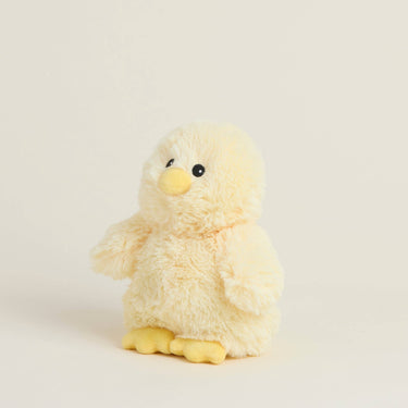 Side-front view of Chick Warmies Junior plush showing design and details for soothing warmth and comfort