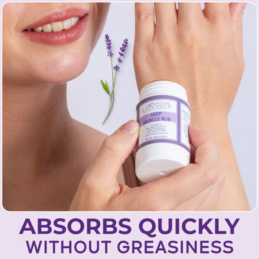 Lifestyle image showing Deep Muscle Rub being applied, highlighting quick absorption without greasiness