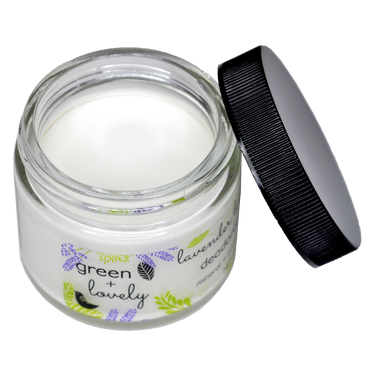 Open jar of Lavender Lemon Deodorant showing creamy texture inside for application