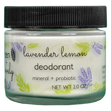 Left side view of  Lavender Lemon Deodorant jar showing product an information