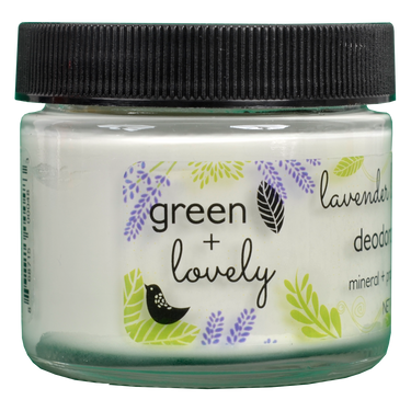 Right side view of  Lavender Lemon Deodorant jar showing product an information