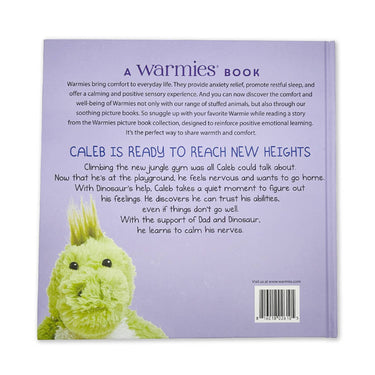 Back view of children's board book "Dinosaur Discovers Confidence" showing product details and summary