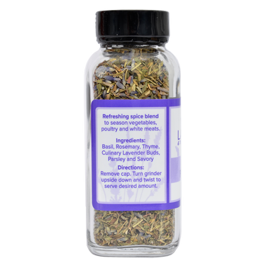 Left side of Herbs de Provence Seasoning showing ingredients and product information