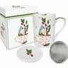 Holiday Cheer 15.25 oz bone china tea mug with lid and strainer, gift boxed for festive use
