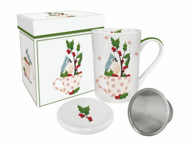 Holiday Cheer 15.25 oz bone china tea mug with lid and strainer, gift boxed for festive use