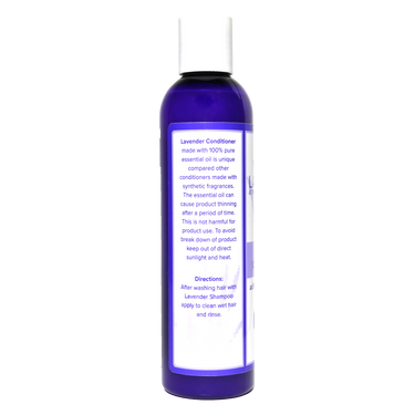 Left side view of 8oz Lavender Conditioner bottle showing product description and directions for use