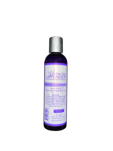 Front view of the 4oz Lavender facial cleanser bottle showing product label, description and ingredients