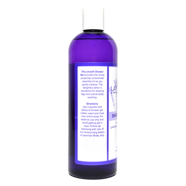 Left side view of 16 oz Shower Gel bottle showing product description and directions for use