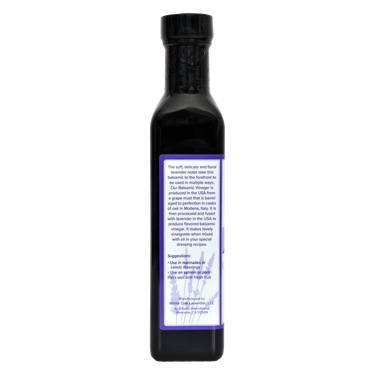 Left side view of Lavender Balsamic bottle showing product directions and details