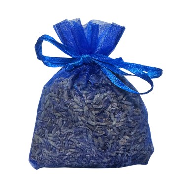 Front view of Blue Sachet showing dried lavender inside for fragrance and freshness
