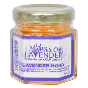 Front view of 1oz Lavender Honey jar showing product label and packaging
