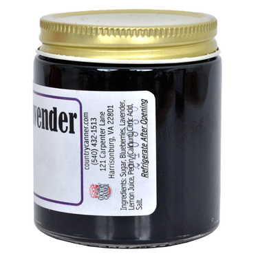 Right side view of 4 oz Lavender Jam jar showing ingredients and product information