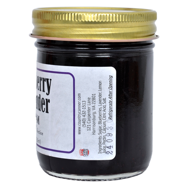 Right side view of 8 oz Lavender Jam jar showing ingredients and product information