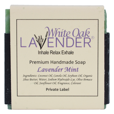 Front view of Lavender Mint Soap showing product label and packaging for gentle cleansing