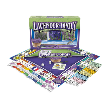 Lavender-Opoly board game fully set up, showing board, pieces, and lavender-themed design