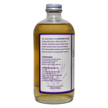 Left side view of Lavender Simple Syrup bottle showing products Nutrition Facts and Ingredients