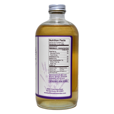 Right side view of Lavender Simple Syrup bottle showing product details and directions for use