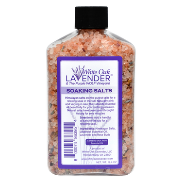 Front view of the 12oz Lavender Soaking Salt container showing product label, description and ingredients