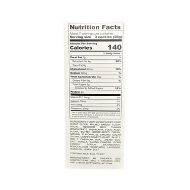 Lemon Lavender Cookies ingredients list and nutrition facts showing product details and packaging
