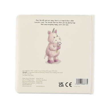 Back view of children's board book "Little Unicorn’s Birthday" showing product details and summary